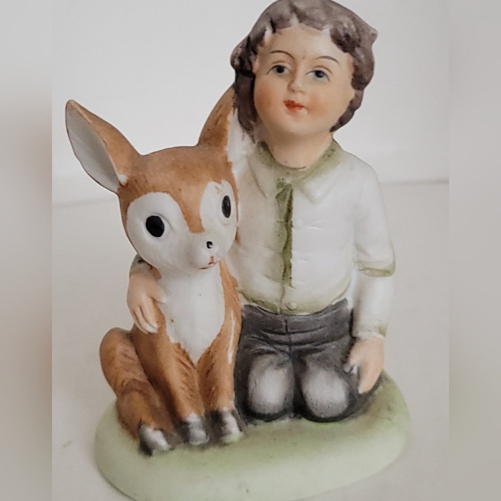 Vintage Norleans  Boy With Baby Deer Animal Ceramic Figurine